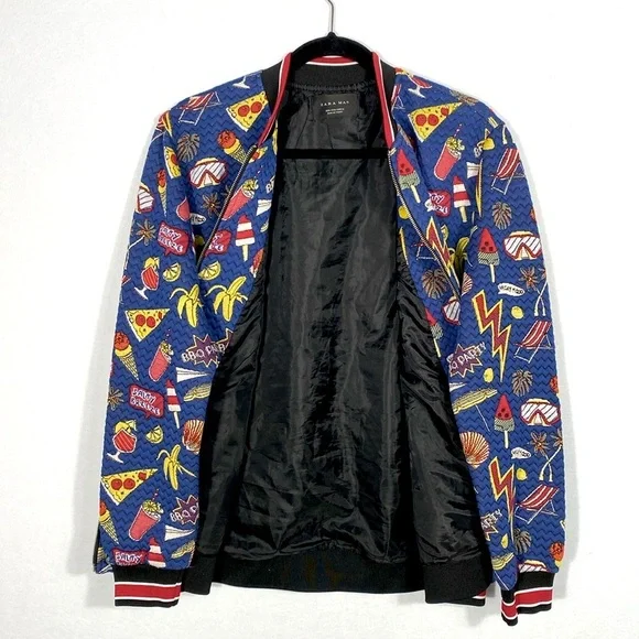 Zara Men’s Jacquard Blue Junk Food Graphic Bomber Jacket size large